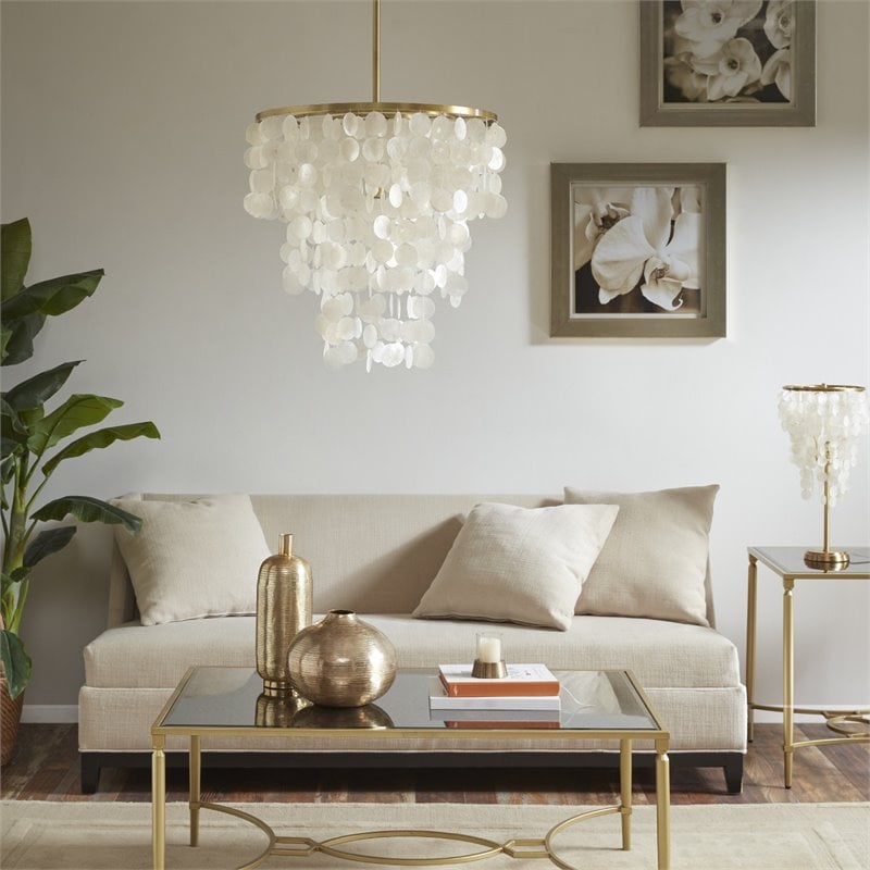 Pemberly Row Transitional Metal and Shells Capiz Chandelier in Gold/White
