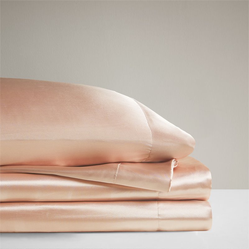 Pemberly Row 6-piece Polyester Satin Sheet Set in Blush Pink