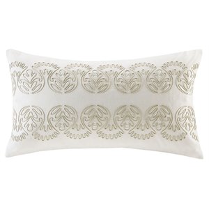 Pemberly Row Traditional Cotton Oblong Pillow with Embroidery in White