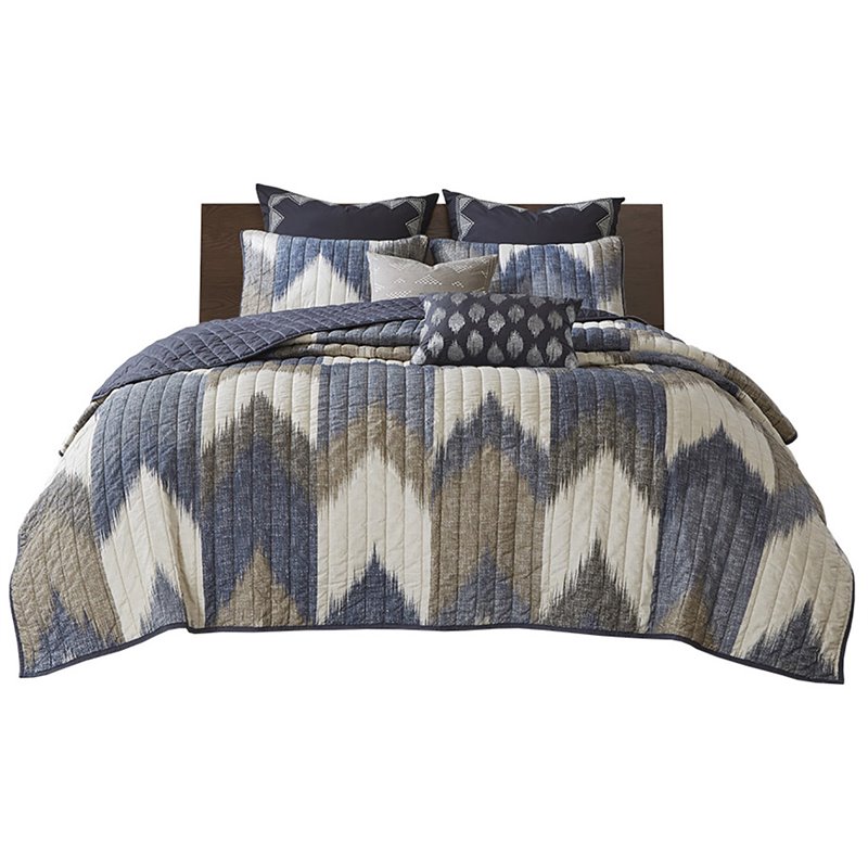 Pemberly Row Mid-Century Cotton Printed Coverlet Mini Set in Navy