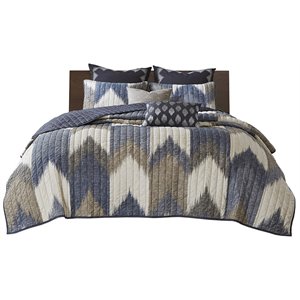 Pemberly Row Mid-Century Cotton Printed Coverlet Mini Set in Navy