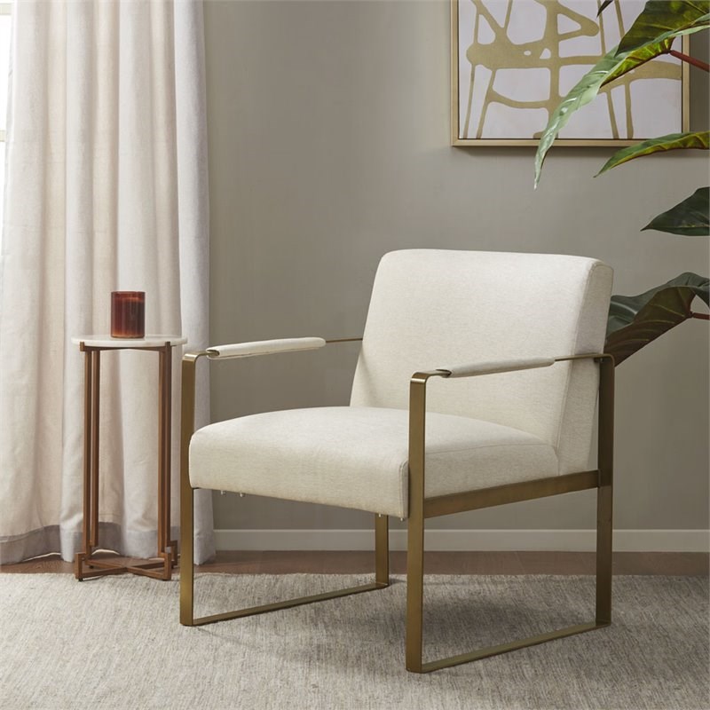 Pemberly Row Solid Wood and Polyester Accent Chair in Cream/Antique Gold