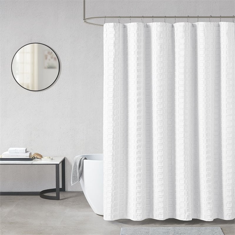 Pemberly Row Polyester Woven Clipped Solid Shower Curtain in White