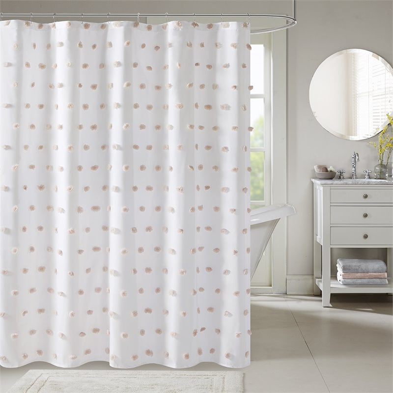 Pemberly Row Polyester Clip Shower Curtain in Blush Pink/White
