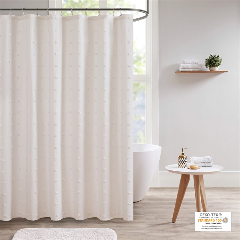 Pemberly Row Cotton Jacquard Pom Pom Shower Curtain in Ivory