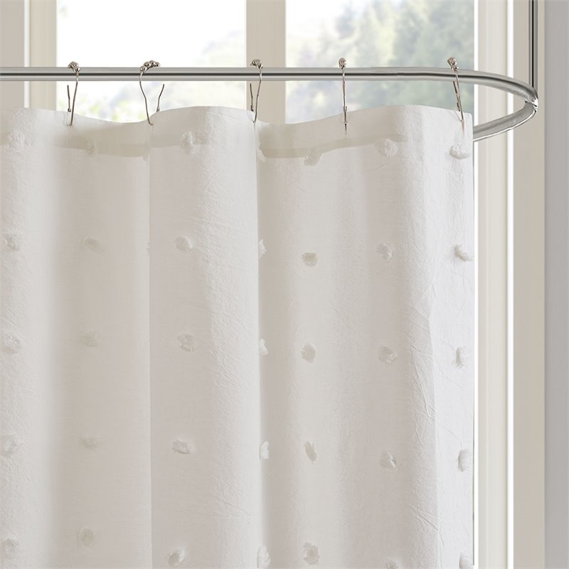 Pemberly Row Cotton Jacquard Pom Pom Shower Curtain in Ivory