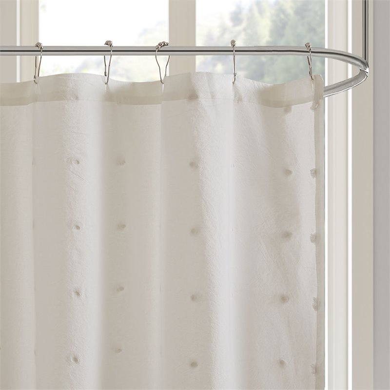 Pemberly Row Cotton Jacquard Pom Pom Shower Curtain in Ivory
