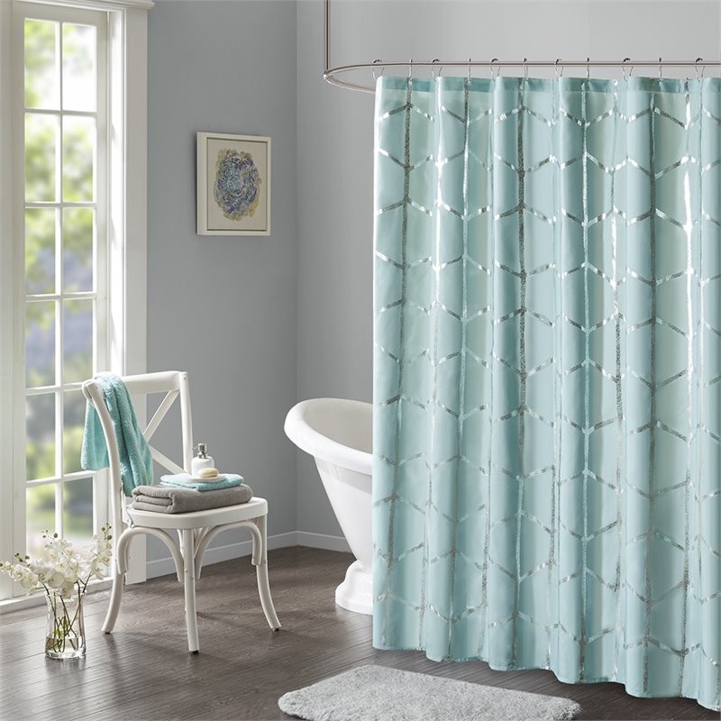 Pemberly Row Polyester Microfiber Shower Curtain in Aqua Blue/Silver