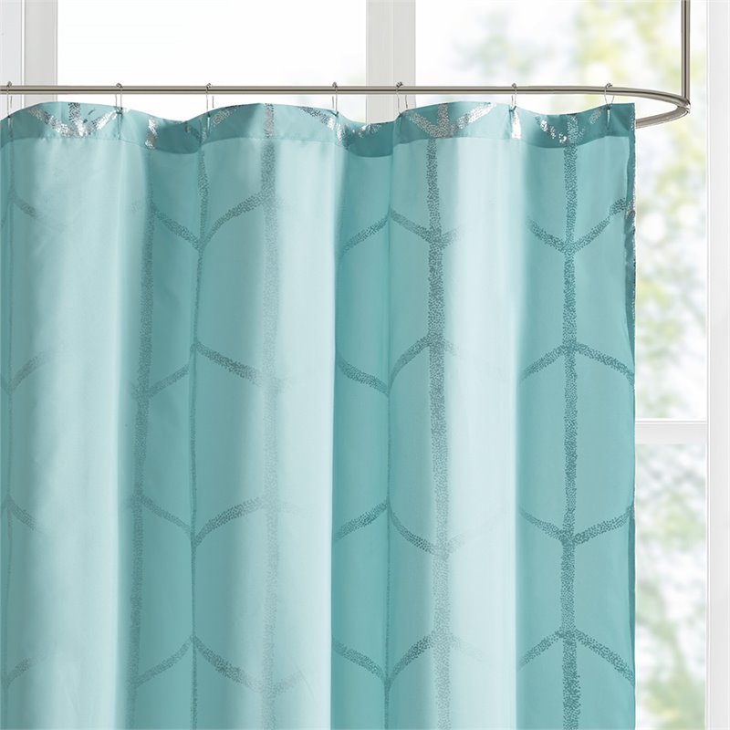 Pemberly Row Polyester Microfiber Shower Curtain in Aqua Blue/Silver