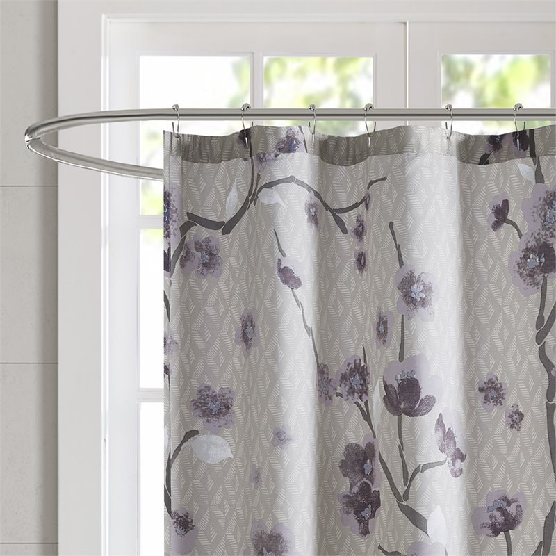 Pemberly Row Cotton Printed Cherry Blossom Shower Curtain in Purple
