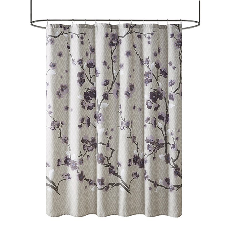 Pemberly Row Cotton Printed Cherry Blossom Shower Curtain in Purple