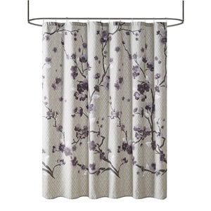 Pemberly Row Cotton Printed Cherry Blossom Shower Curtain in Purple