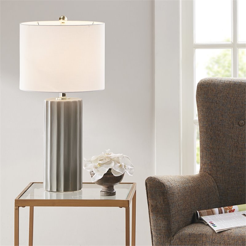 Pemberly Row Contemporary Fabric and Ceramic Table Lamp in Gray