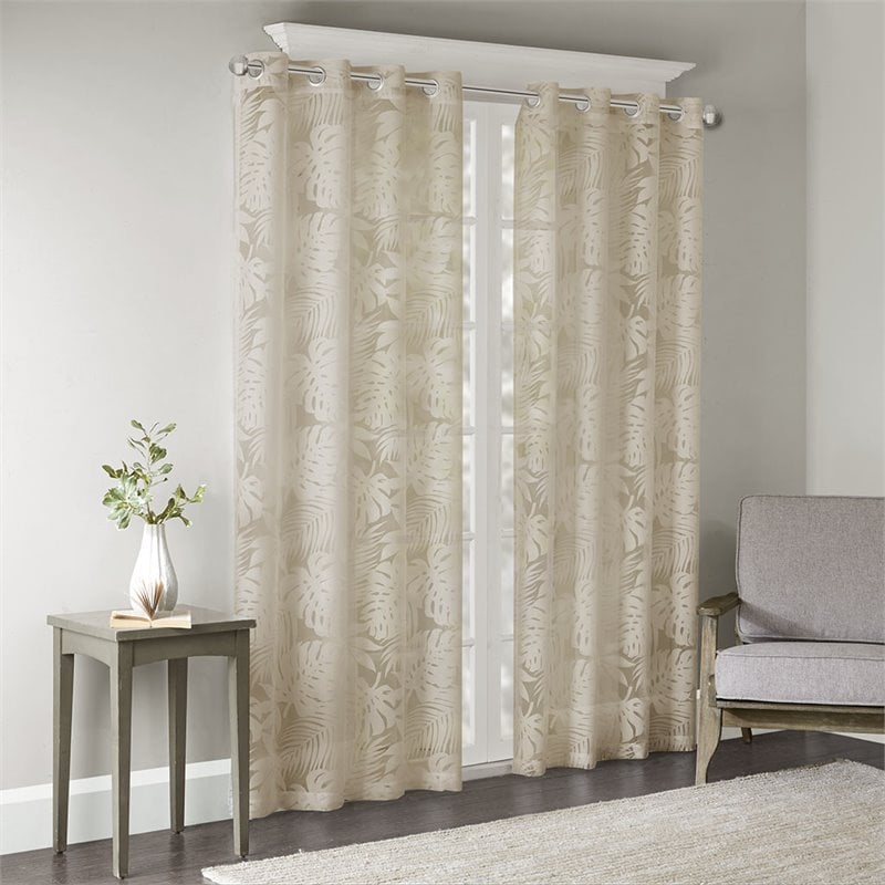 Pemberly Row Polyester Fabric Palm Leaf Burnout Window Sheer in Natural
