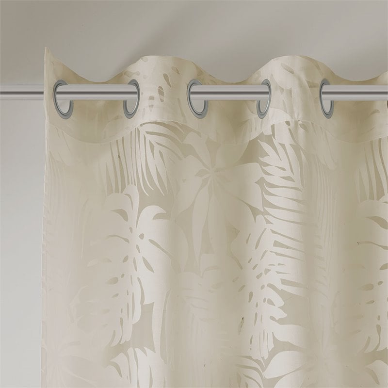 Pemberly Row Polyester Fabric Palm Leaf Burnout Window Sheer in Natural