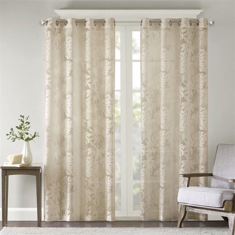 Pemberly Row Polyester Fabric Palm Leaf Burnout Window Sheer in Natural