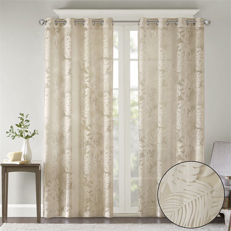 Pemberly Row Polyester Fabric Palm Leaf Burnout Window Sheer in Natural