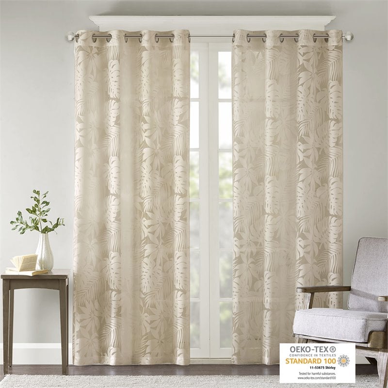 Pemberly Row Polyester Fabric Palm Leaf Burnout Window Sheer in Natural
