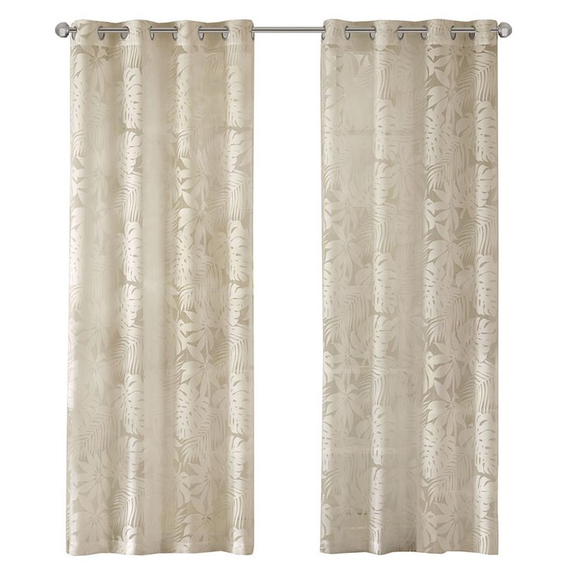 Pemberly Row Polyester Fabric Palm Leaf Burnout Window Sheer in Natural