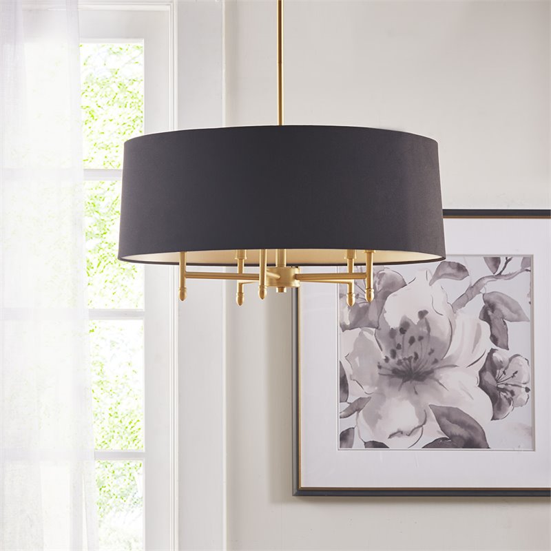 Pemberly Row Transitional Metal and Fabric Chandelier in Black/Gold