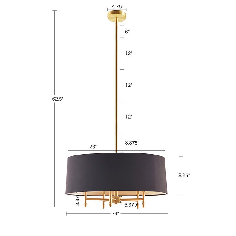 Pemberly Row Transitional Metal and Fabric Chandelier in Black/Gold