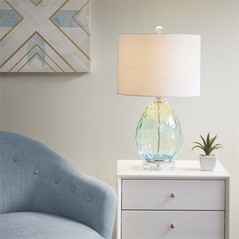 Pemberly Row Contemporary Glass and Cotton Table Lamp in Blue