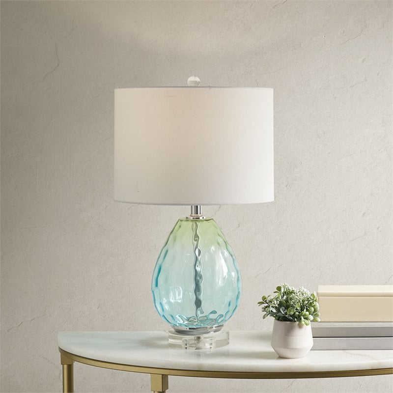 Pemberly Row Contemporary Glass and Cotton Table Lamp in Blue