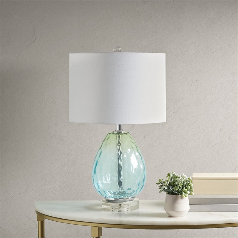 Pemberly Row Contemporary Glass and Cotton Table Lamp in Blue
