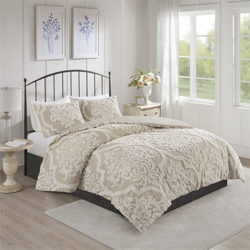Pemberly Row Cotton Tufted Full/Queen Duvet Cover Set in Brown