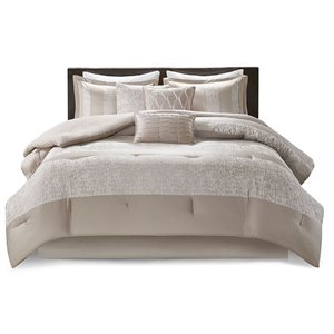 Pemberly Row 7-Piece Polyester Chenille Pieced Comforter Set in Beige