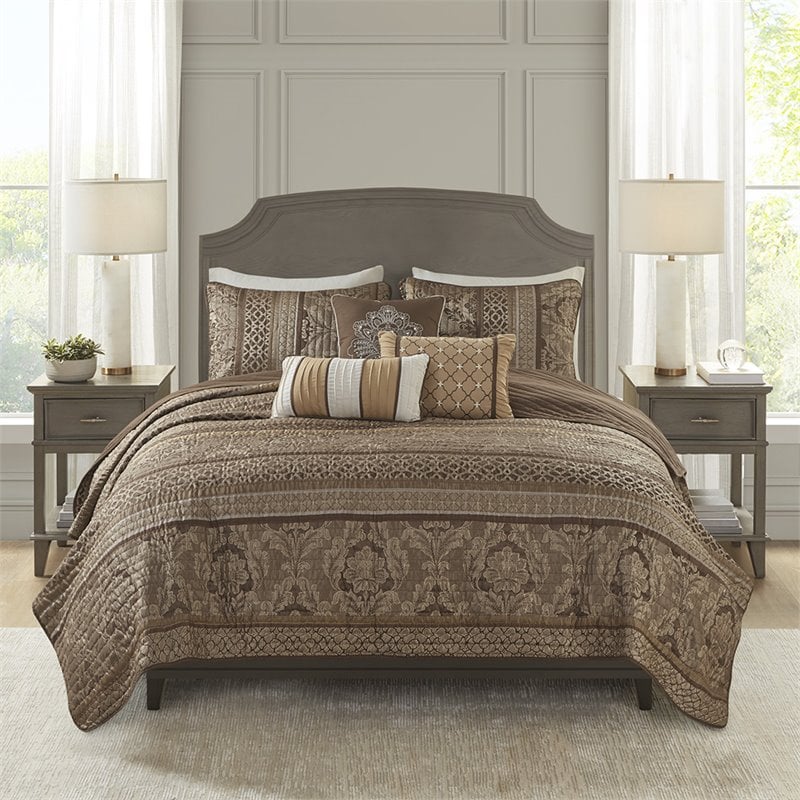Pemberly Row 6-Piece Polyester Jacquard Coverlet Set in Brown