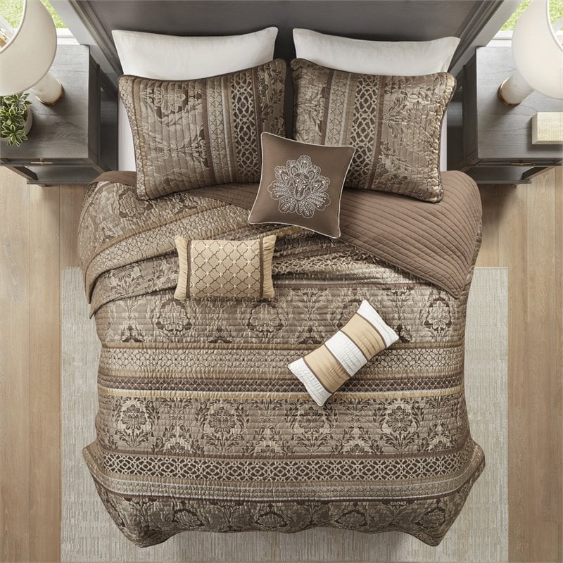 Pemberly Row 6-Piece Polyester Jacquard Coverlet Set in Brown