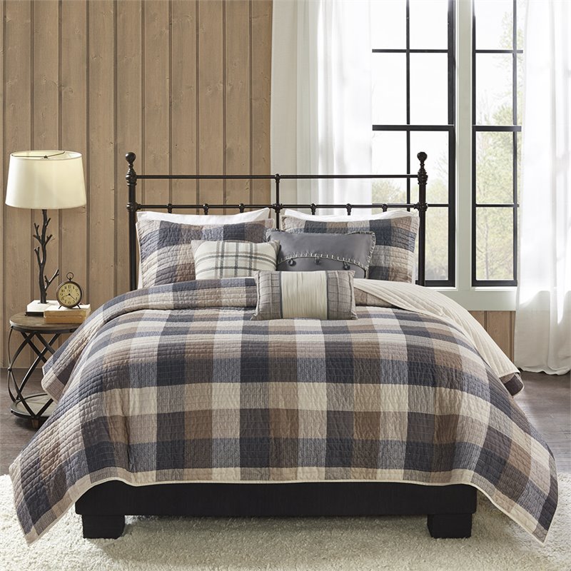 Pemberly Row 100 Percent Polyester Herringbone Printed Coverlet Set in Brown