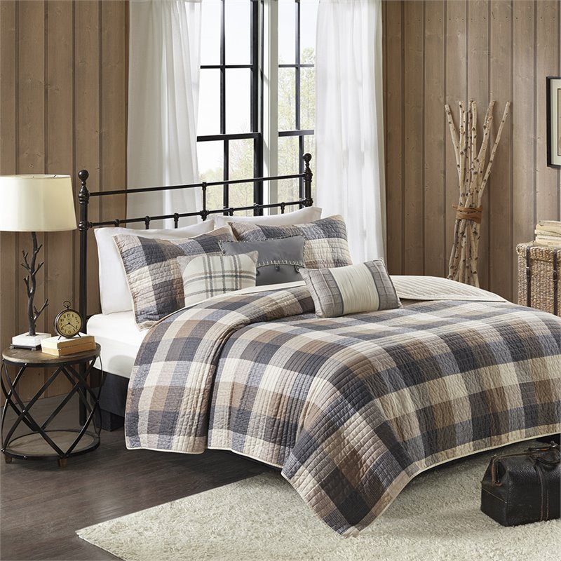 Pemberly Row 100 Percent Polyester Herringbone Printed Coverlet Set in Brown