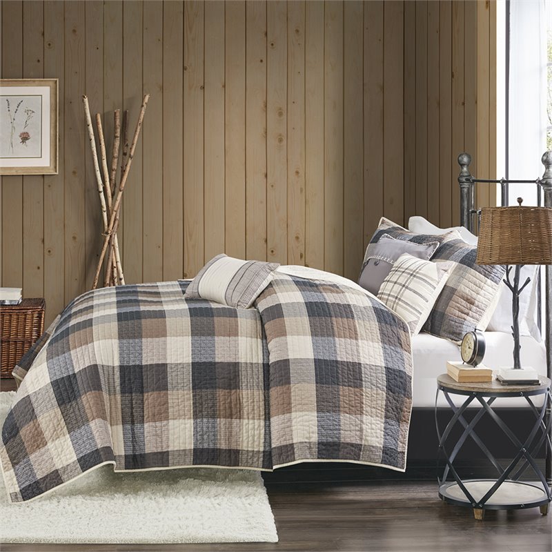 Pemberly Row 100 Percent Polyester Herringbone Printed Coverlet Set in Brown