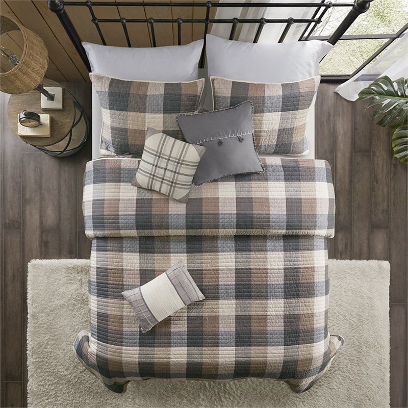 Pemberly Row 100 Percent Polyester Herringbone Printed Coverlet Set in Brown