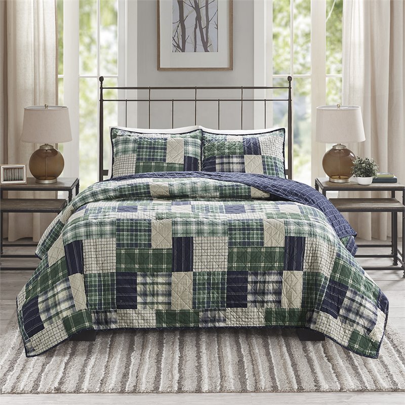 Pemberly Row Polyester Reversible Printed Coverlet Set in Green