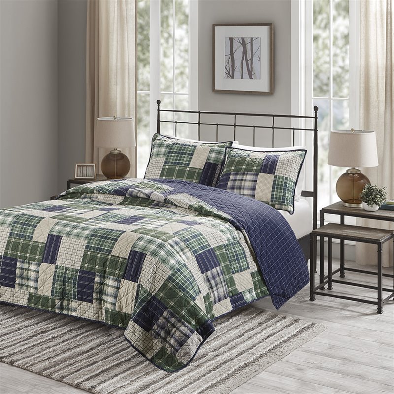 Pemberly Row Polyester Reversible Printed Coverlet Set in Green