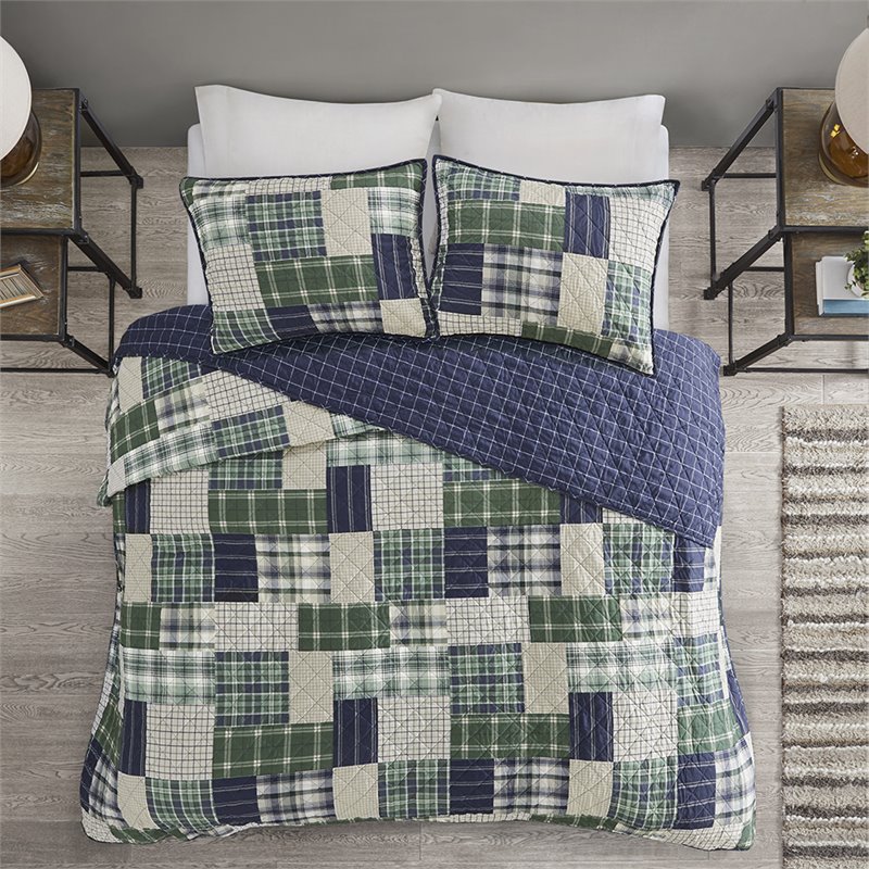 Pemberly Row Polyester Reversible Printed Coverlet Set in Green