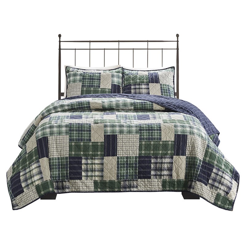 Pemberly Row Polyester Reversible Printed Coverlet Set in Green