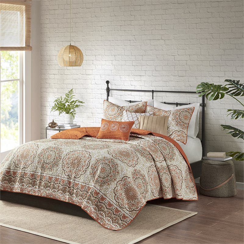 Pemberly Row Polyester Microfiber Printed Quilted Coverlet Set in Orange