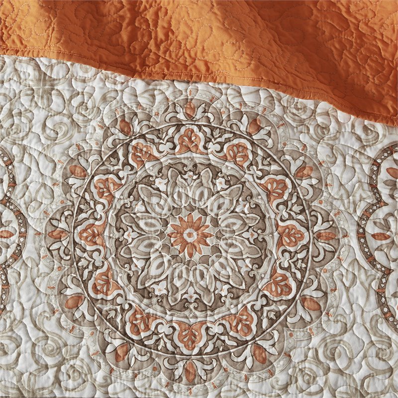 Pemberly Row Polyester Microfiber Printed Quilted Coverlet Set in Orange
