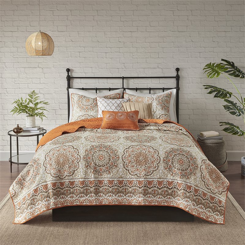 Pemberly Row Polyester Microfiber Printed Quilted Coverlet Set in Orange