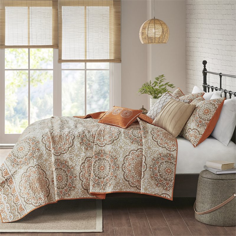 Pemberly Row Polyester Microfiber Printed Quilted Coverlet Set in Orange