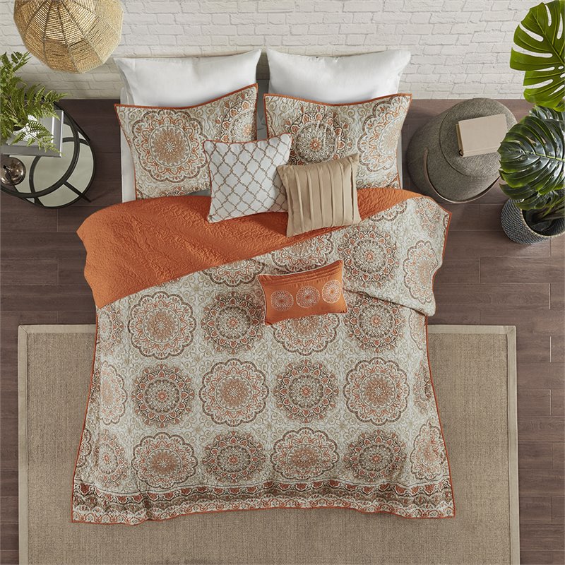 Pemberly Row Polyester Microfiber Printed Quilted Coverlet Set in Orange