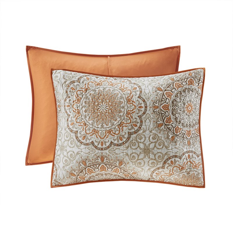 Pemberly Row Polyester Microfiber Printed Quilted Coverlet Set in Orange