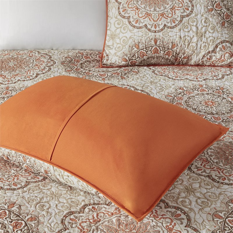 Pemberly Row Polyester Microfiber Printed Quilted Coverlet Set in Orange