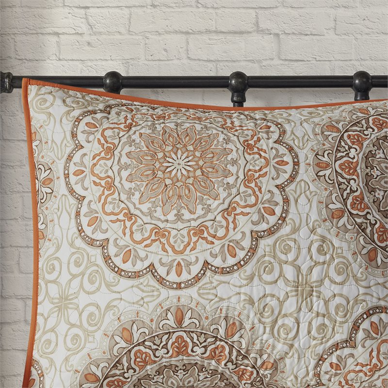 Pemberly Row Polyester Microfiber Printed Quilted Coverlet Set in Orange