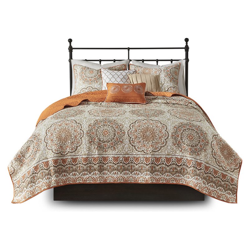 Pemberly Row Polyester Microfiber Printed Quilted Coverlet Set in Orange