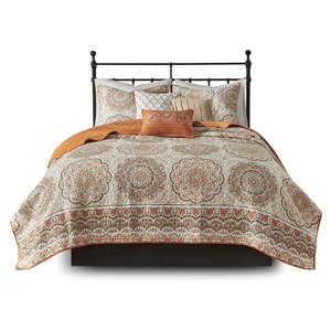 Pemberly Row Polyester Microfiber Printed Quilted Coverlet Set in Orange